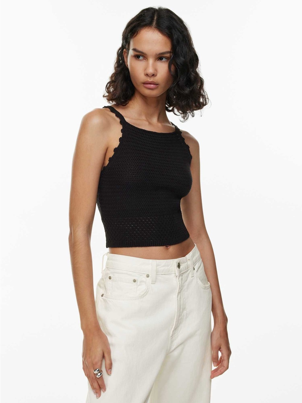 ARITZIA WILFRED Sunset Square Neck Crochet Knit Sweater Tank Top in Black
